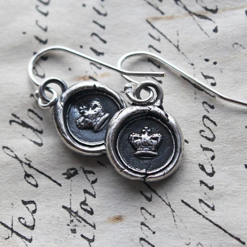 Tiny Crown Wax Seal Dangle Earrings 