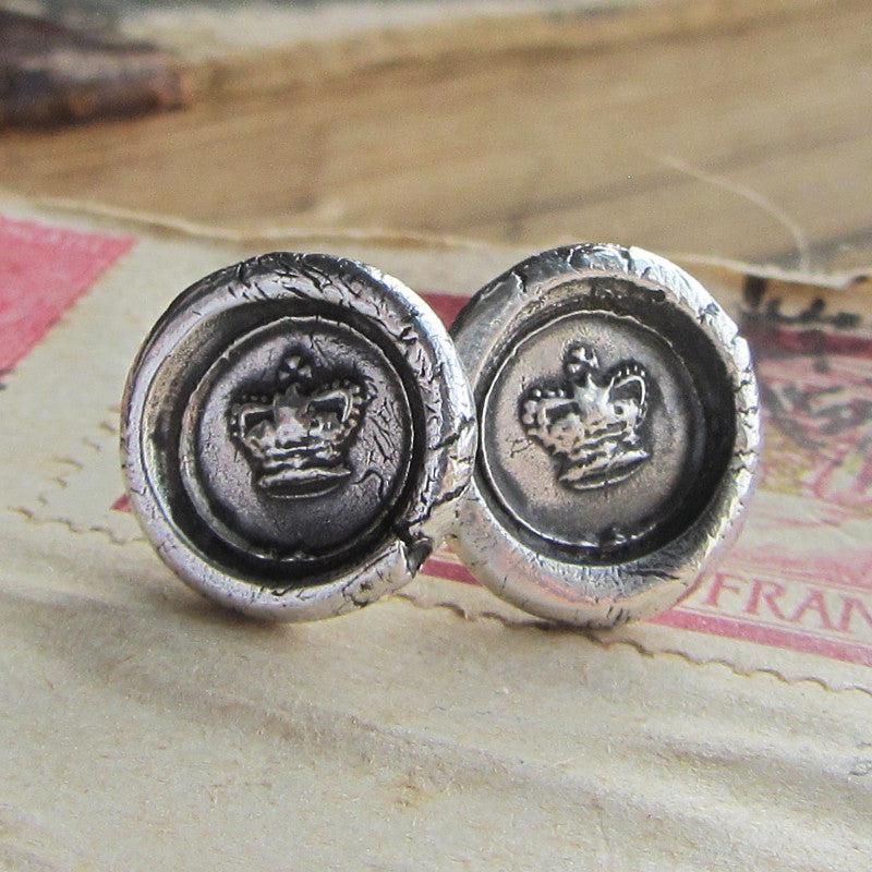 Tiny Crown Wax Seal Earrings side by side
