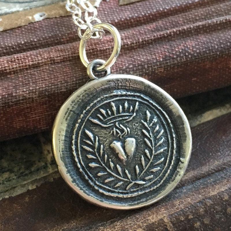 Wax Seal Necklace love motto Far Apart Close shops at Heart - antique wax seal charm jewelry from RQP Studio