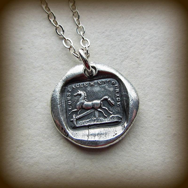 Horse wax seal necklace close up shot