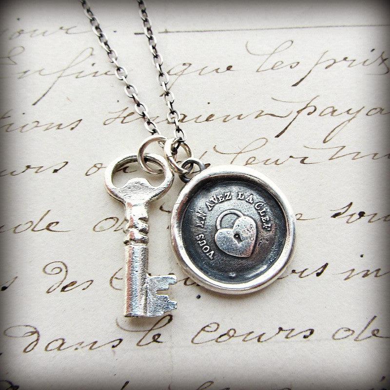 Vintage Key Charm with wax seal and chain