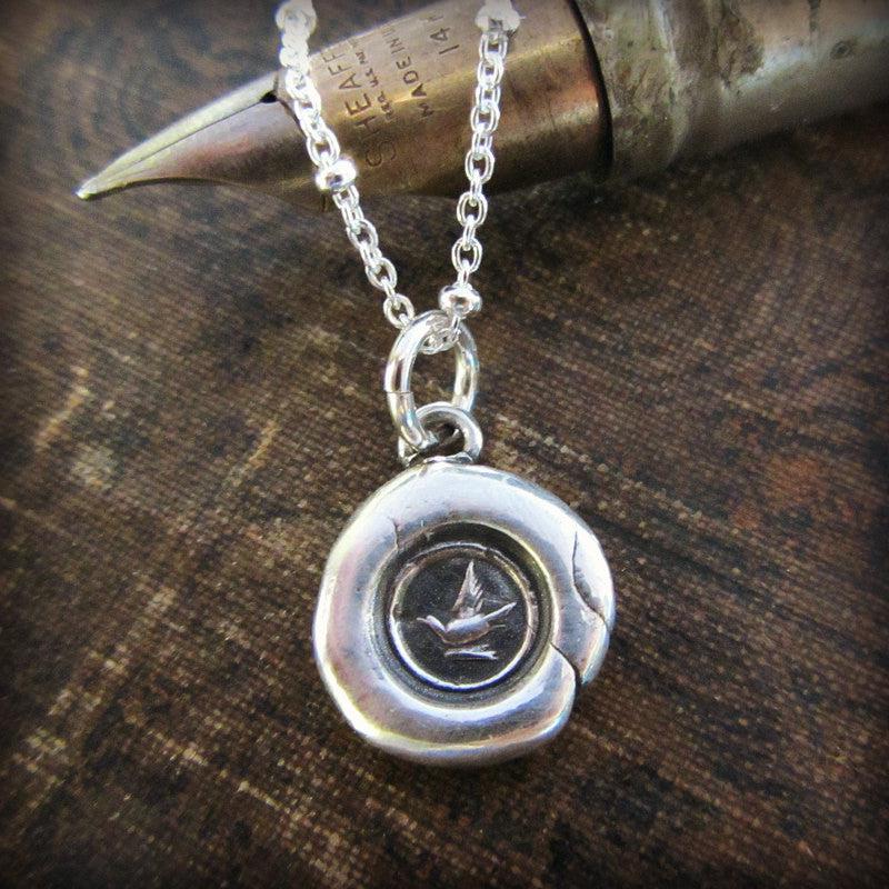 Tiny Messenger Dove wax seal silver chain