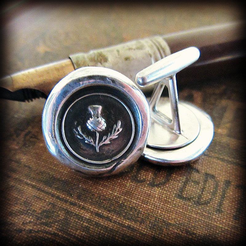 Scottish Thistle wax seal cuff links silver