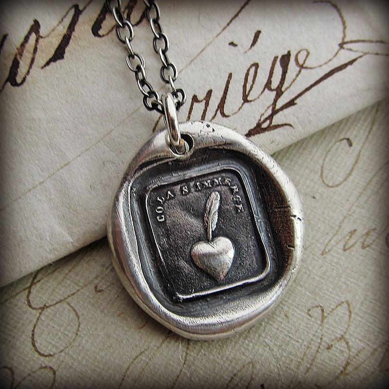 Heart and feather wax seal necklace