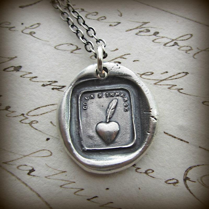 Heart and feather wax seal necklace silver