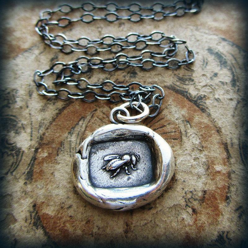 Vintage Honey Bee Wax Seal Necklace black chain
