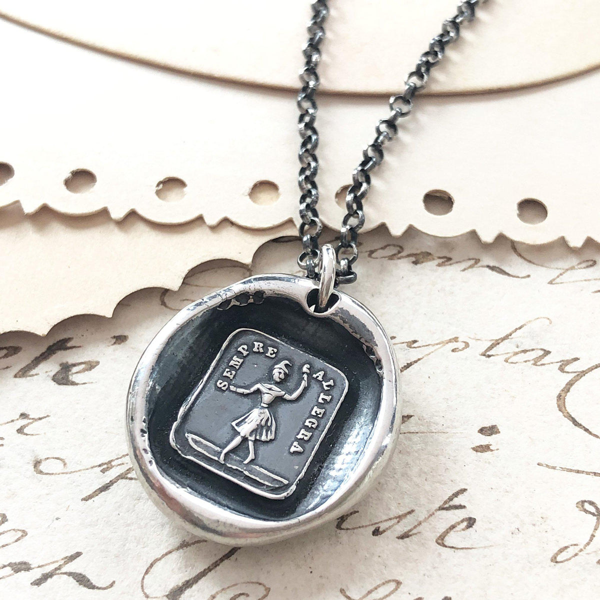 Always glad wax seal necklace with dark chain