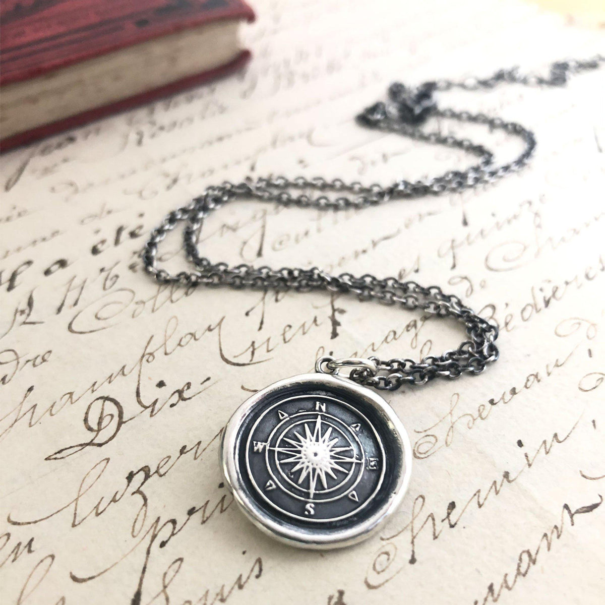 Compass wax seal necklace dark chain