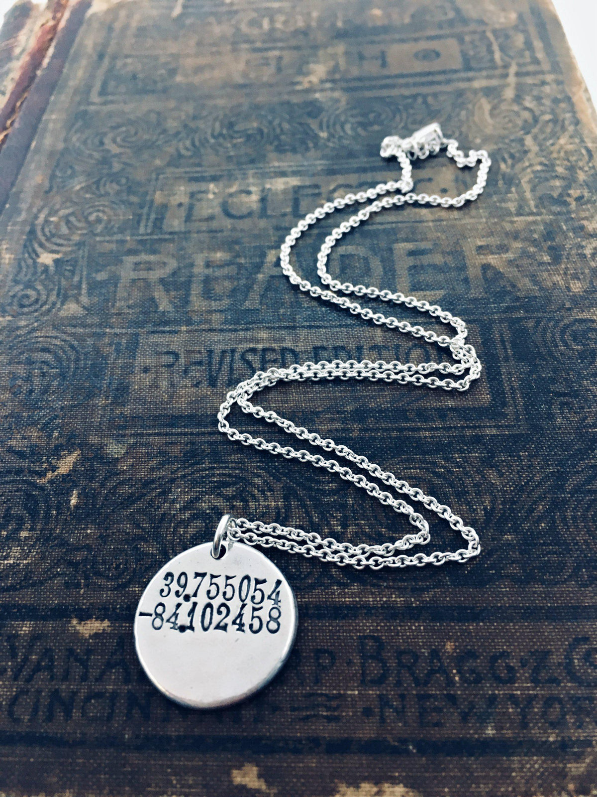 Compass wax seal necklace with coordinates