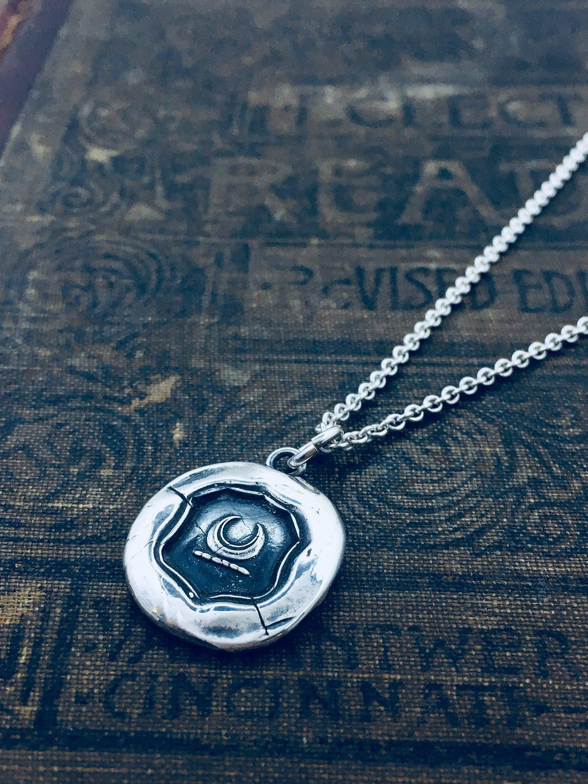 Crescent moon wax seal necklace silver chain