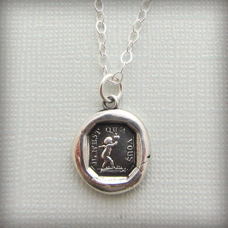 Cupid heart wax seal necklace silver chain