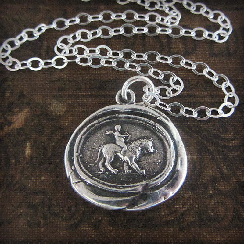 Cupid on a lion wax seal necklace silver chain