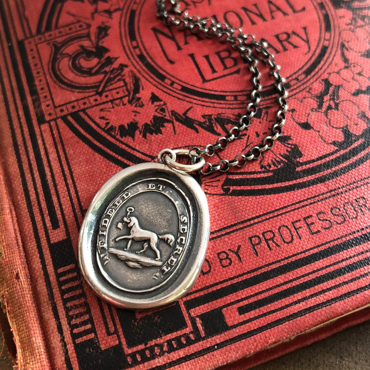 Friendship dog wax seal necklace with a dark chain