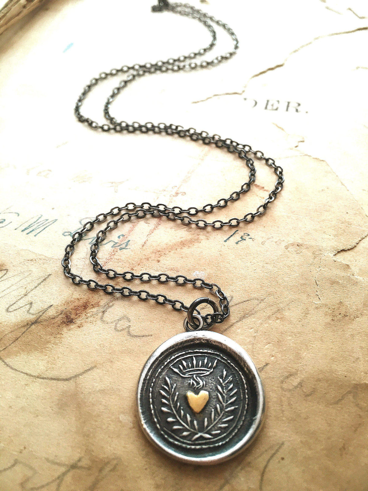 Flaming Gold Heart Wax Seal Necklace with dark chain