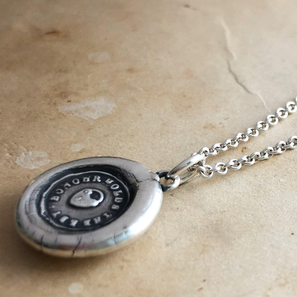 heart padlock wax seal necklace side view