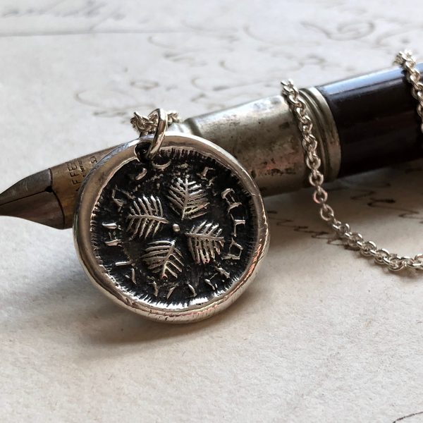 Wax seal green clover necklace. Tiny four leaf clover organically form –  Drake Designs Jewelry