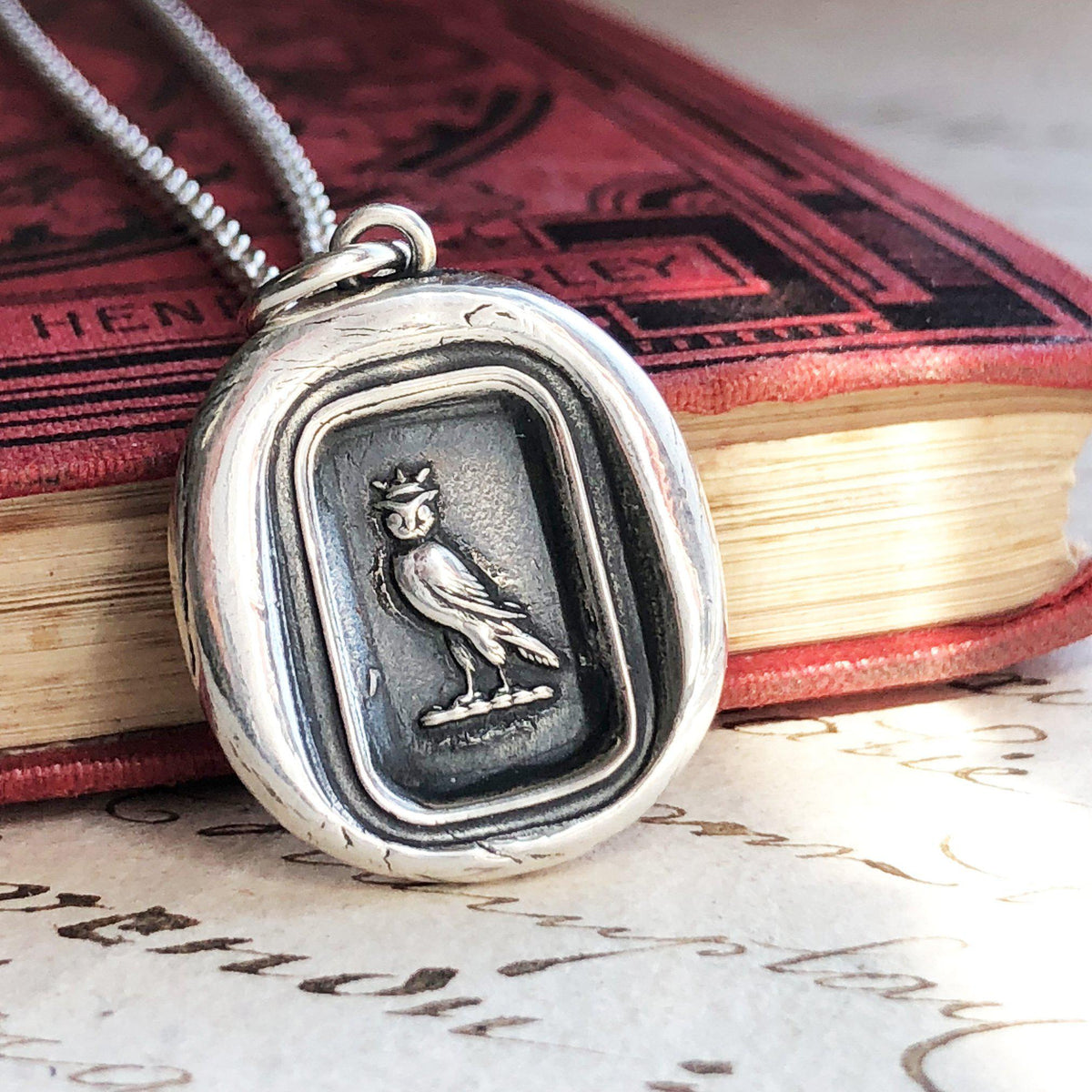 Owl wax seal necklace on a book