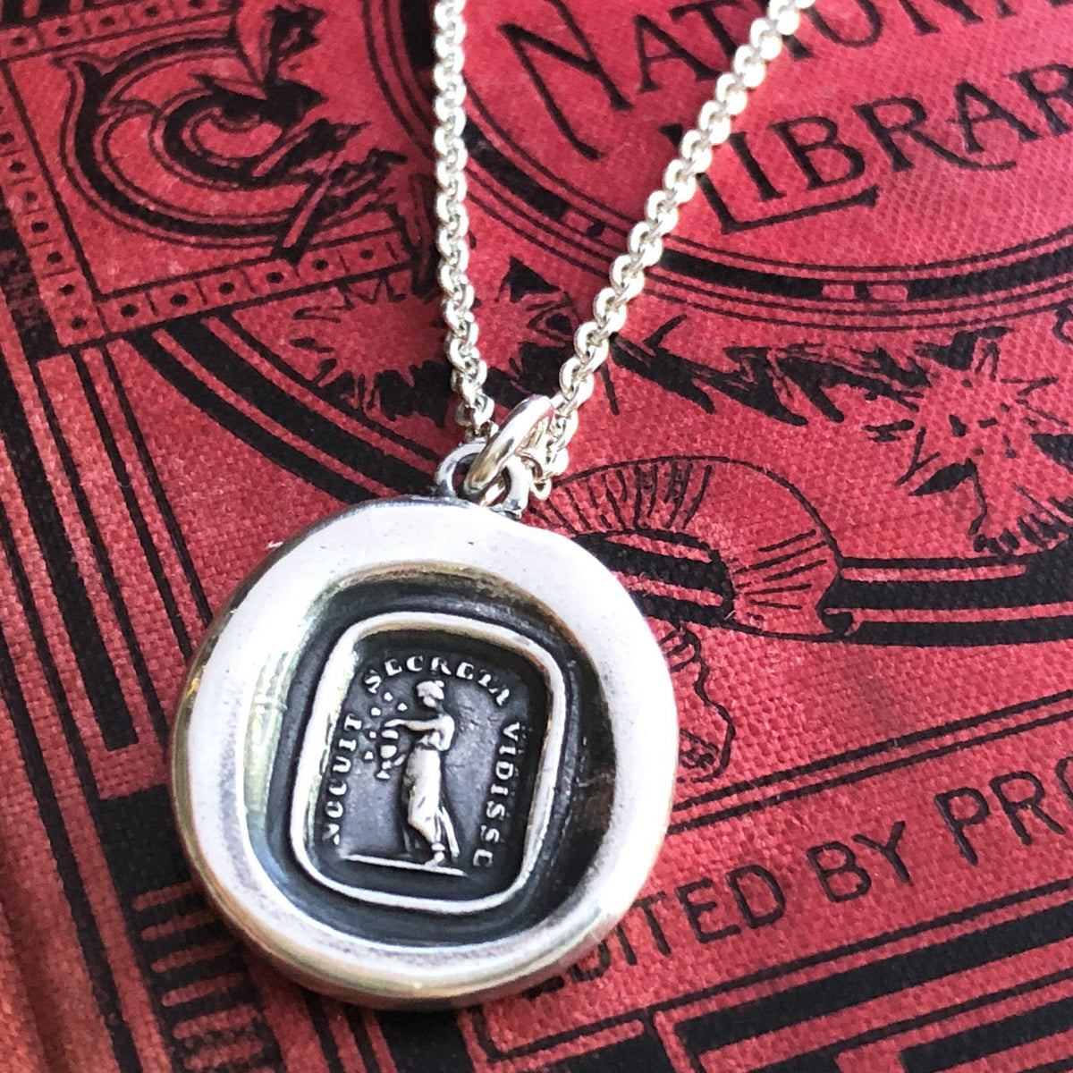 Pandora box wax seal necklace with a silver chain