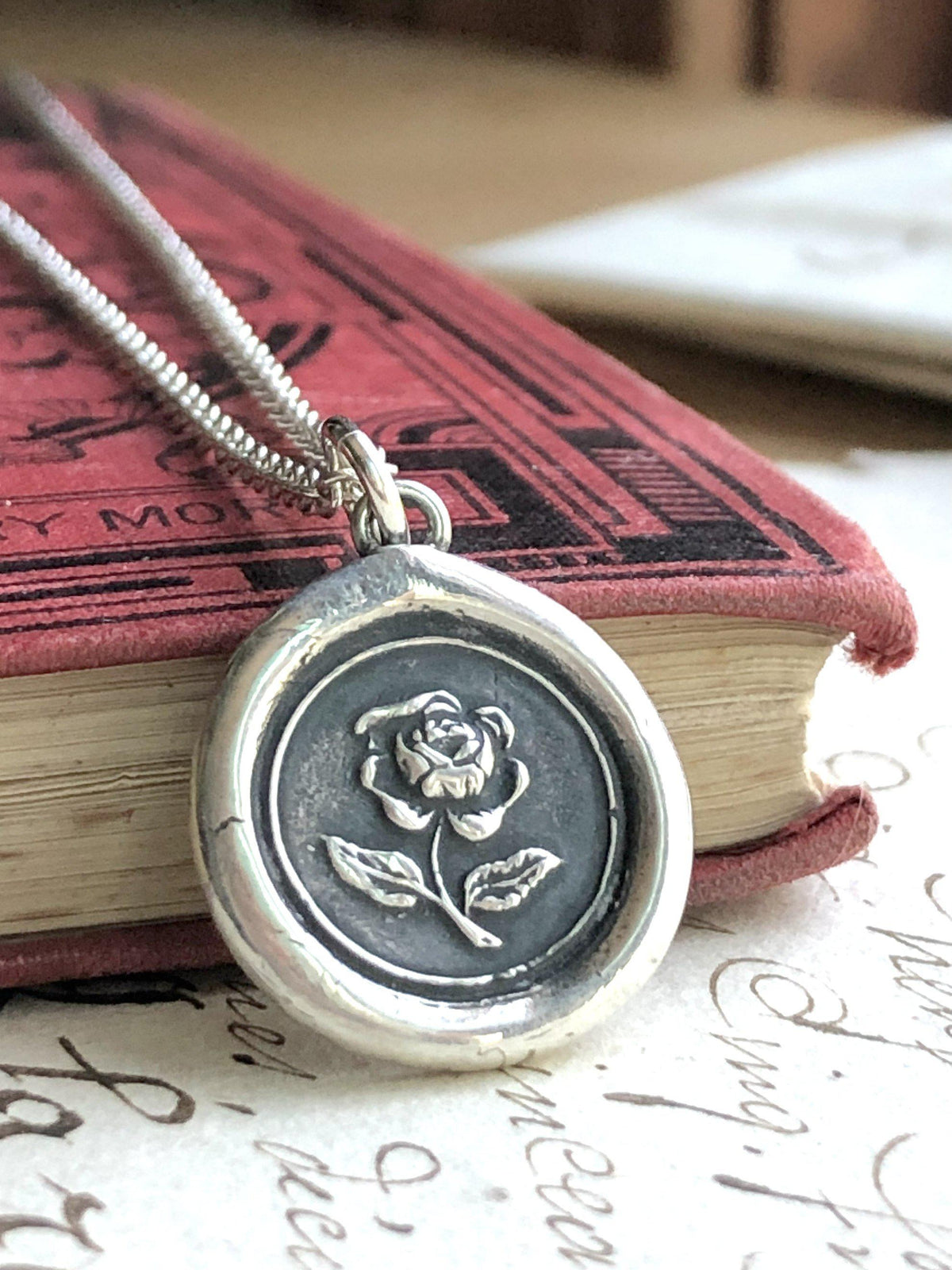 Rose wax seal necklace silver chain