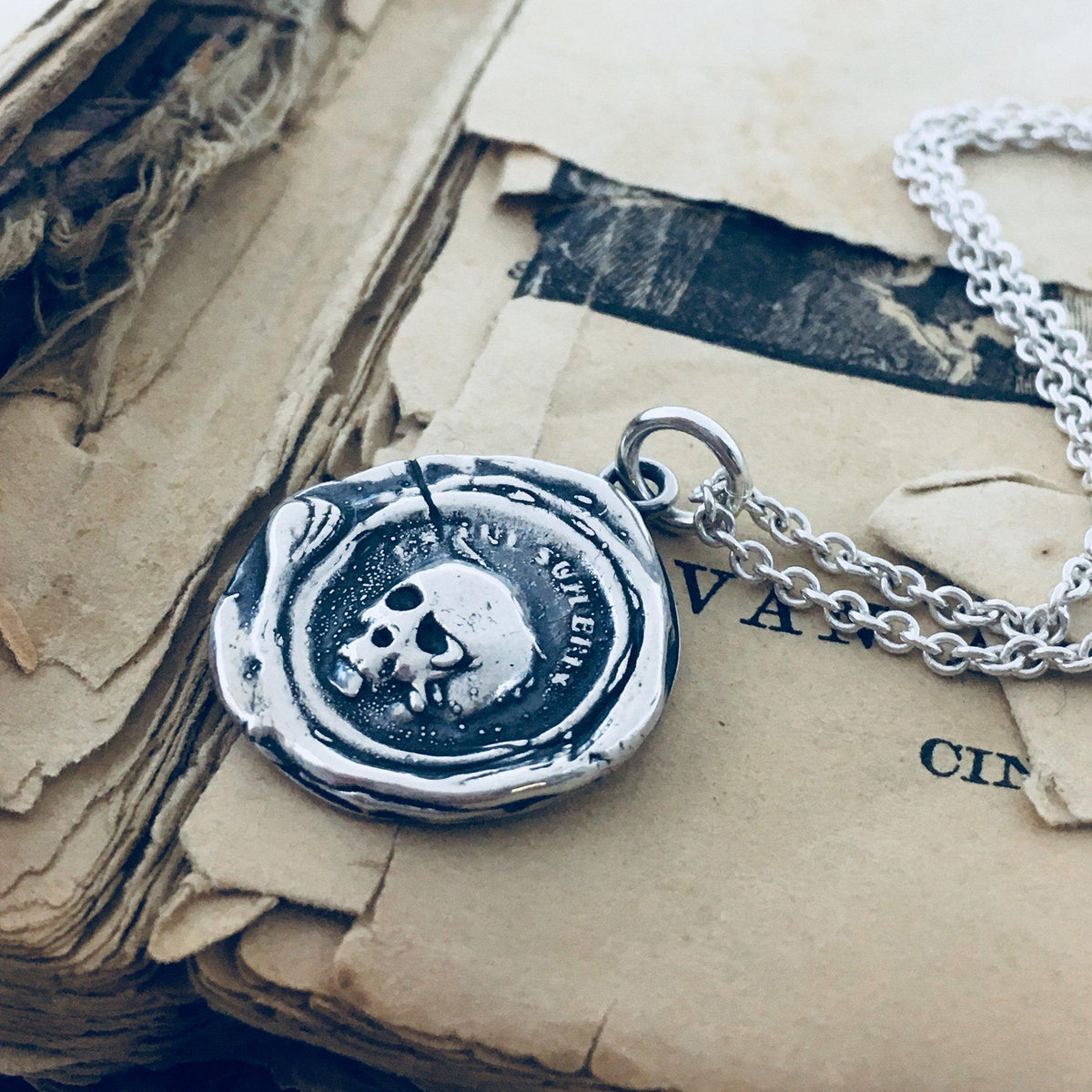Skull charm wax seal  with silver chain