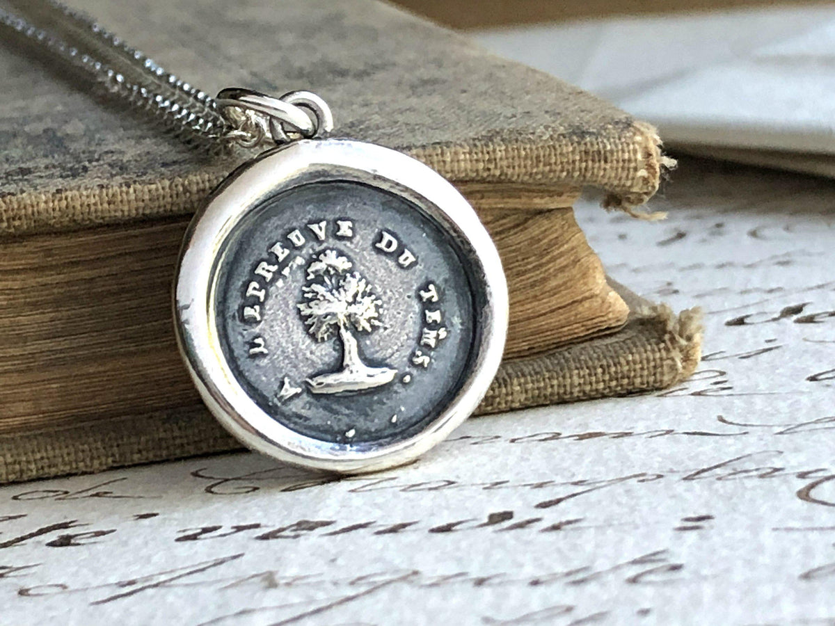 Steadfast tree wax seal necklace on a book