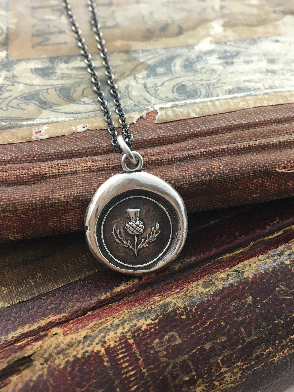 Scottish Thistle wax seal necklace dark chain