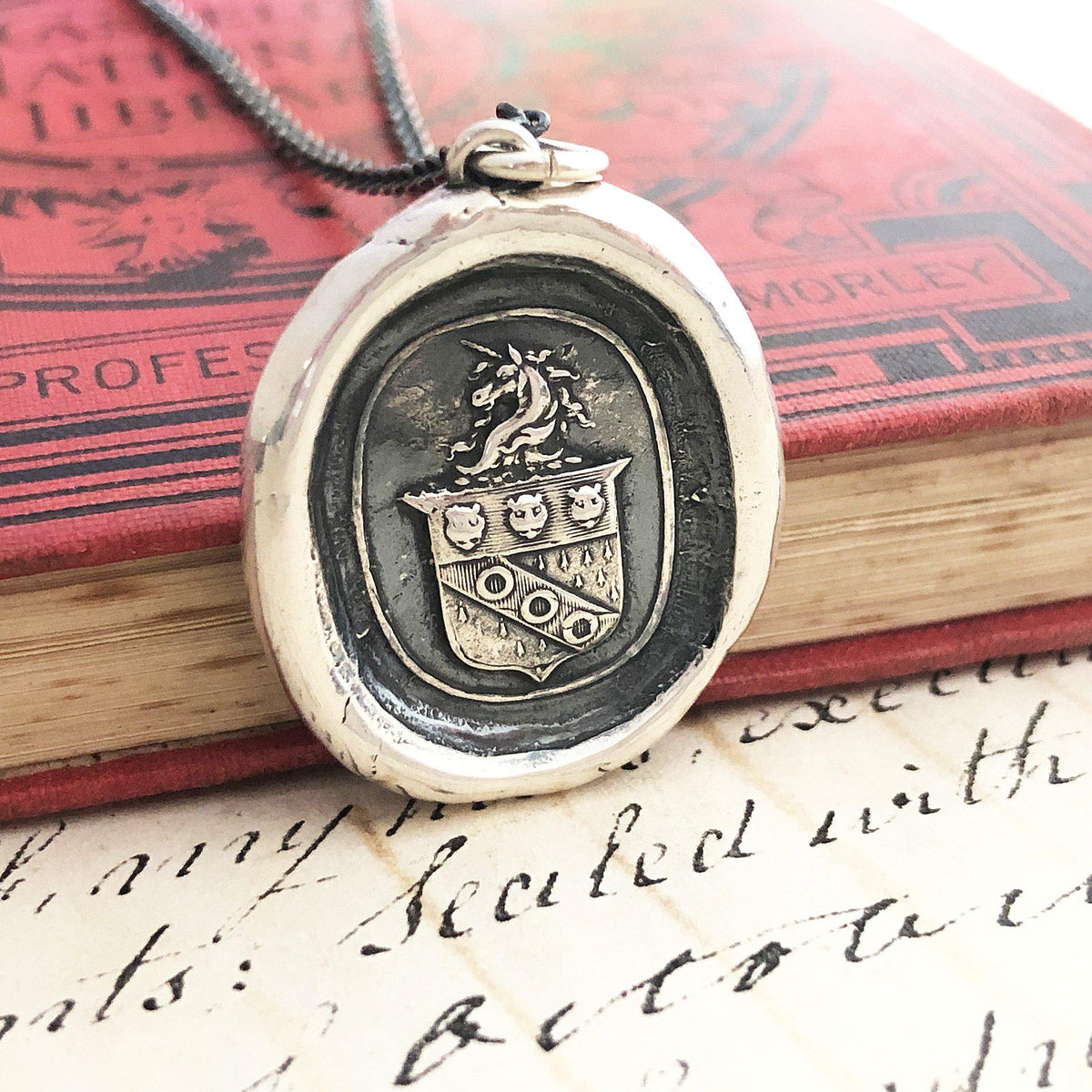 Unicorn crest wax seal necklace dark chain